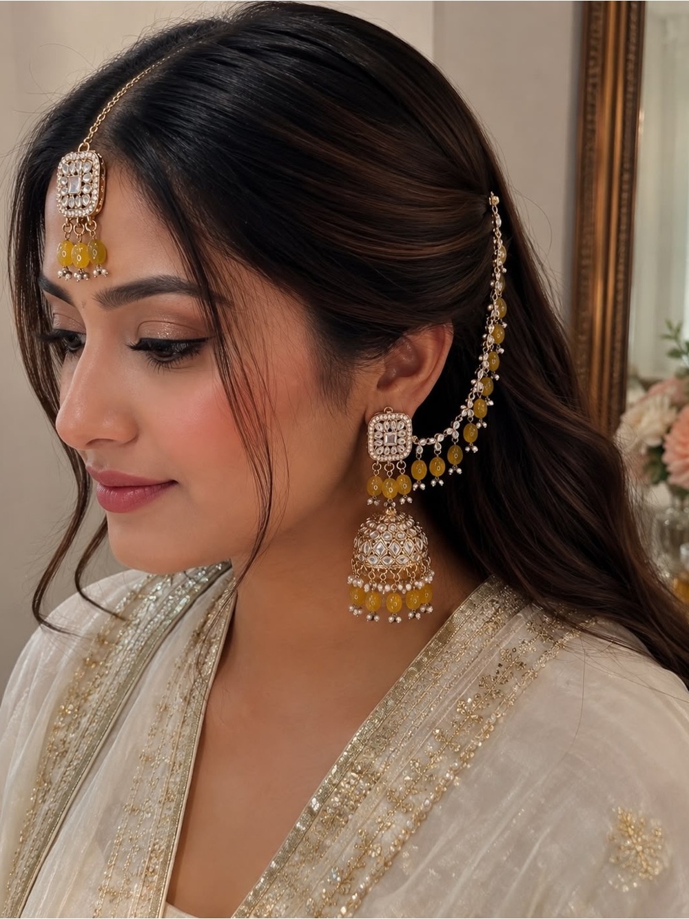 Gold-Tone Kundan & Yellow Bead Jhumka Earrings with Maang Tikka